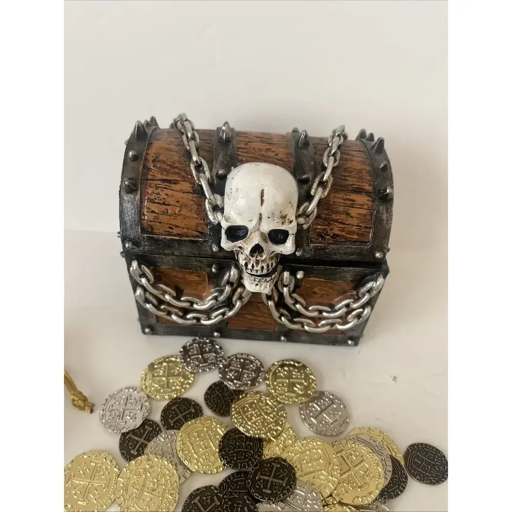Nautical Pirate Skull Treasure Chest, Unique Trinket Box, 6 Inches. Coins Too!!